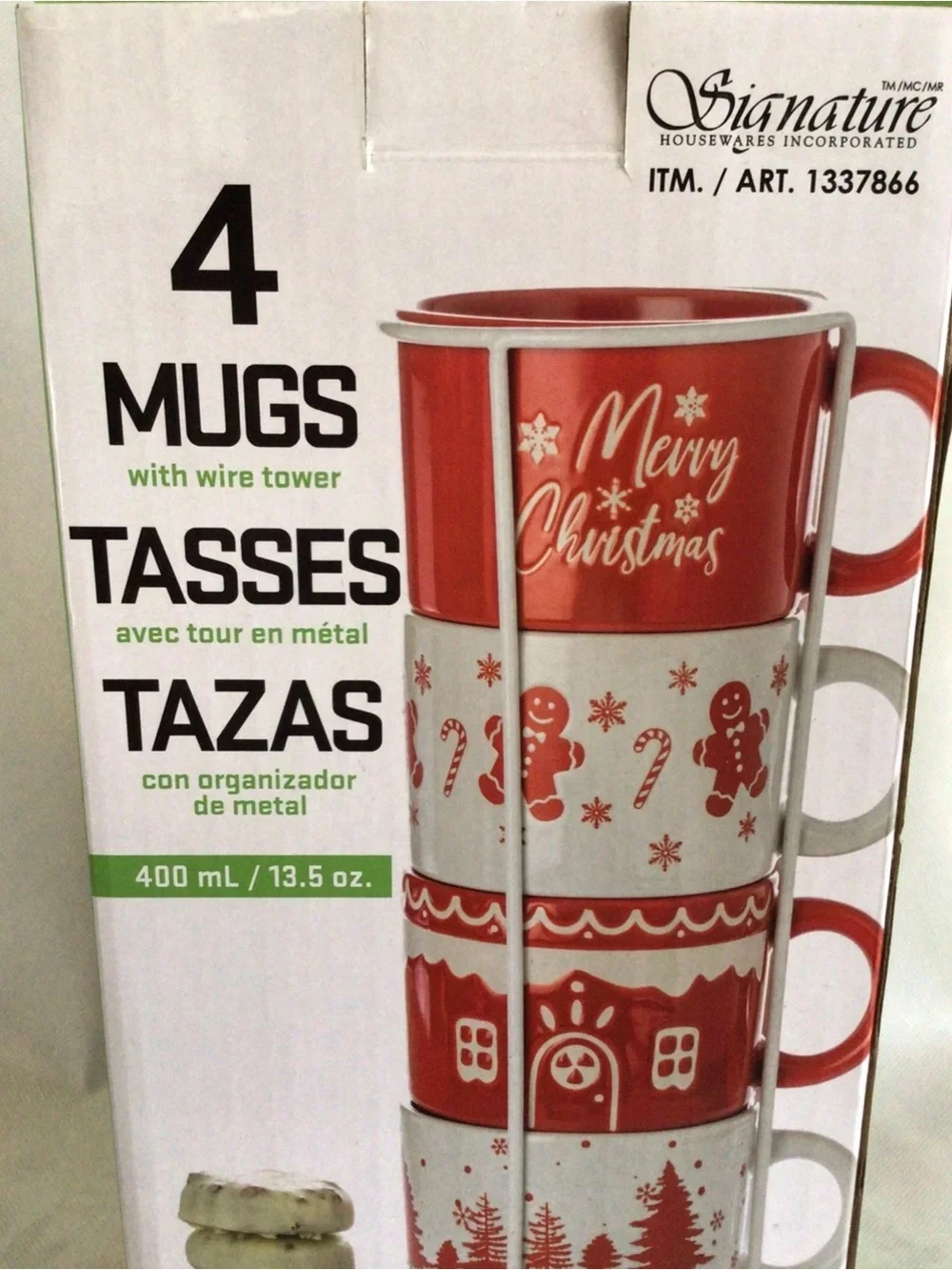 SIGNATURE HOUSEWARES S/4 HOLIDAY STONEWARE MUGS W/ WHITE WIRE TOWER STORAGE New